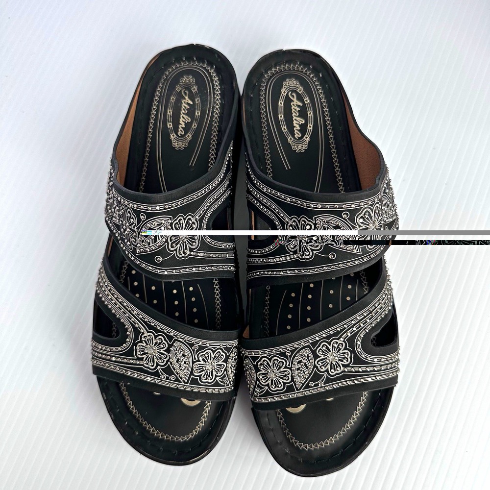Atalina Women's Black Floral Beaded Wedge Slide Sandals size 9
